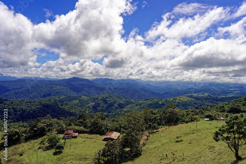 Scenic views into the valleys are breathtaking on the road 10 from Siquirres to Turrialba, Costa Rica. The road is very steep and winding through the mountain range Cordillera de Talamanca.
