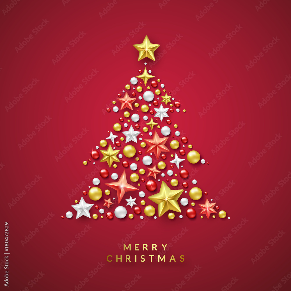 Christmas tree background with Shining stars and colorful balls. Merry Christmas card illustration on red background. Christmas tree background with Shining stars and colorful balls. Merry Christmas card illustration on red background.