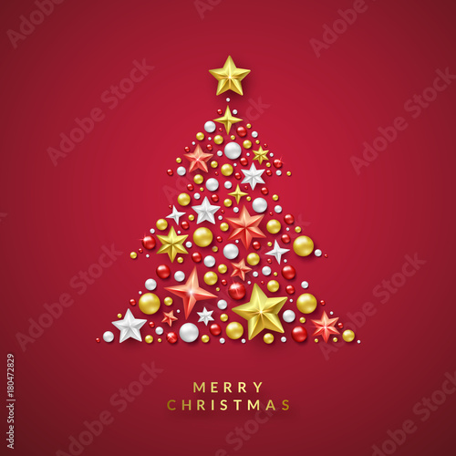 Christmas tree background with Shining stars and colorful balls. Merry Christmas card illustration on red background.