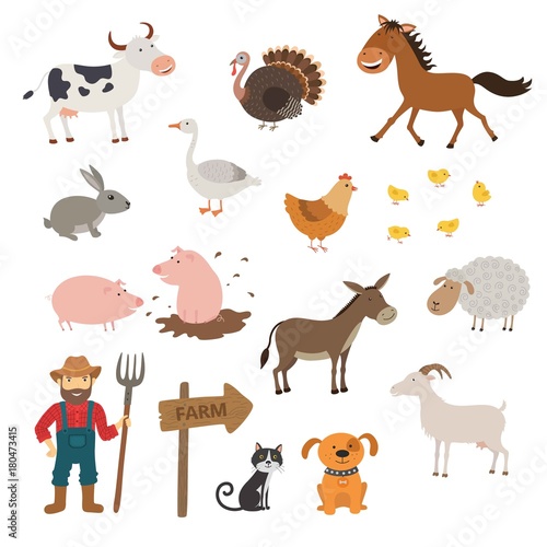 Cute Farm animals set in flat style isolated on white background. Cartoon farm animals.
