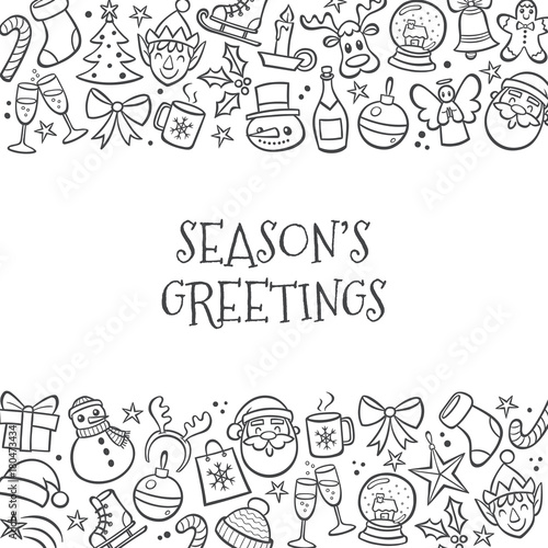 Christmas greeting icons isolated on white background. Doodle outline ornamental design elements. Vector illustration.
