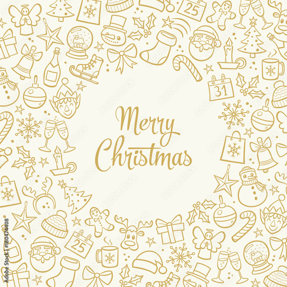 Christmas greeting card. Isolated hand drawn design elements and 