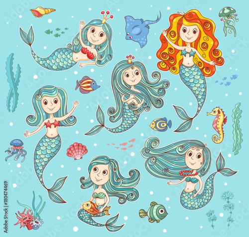 Cute vector set with mermaids