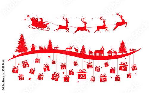 Advent calendar with Christmas landscape and flying sleigh