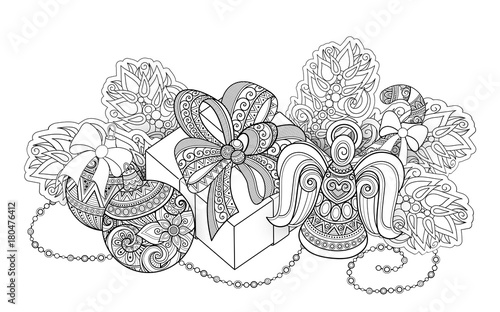 Monochrome New Year Illustration with Gifts and Christmas Tree. Candy Cane, Balls, Angel. Holiday Background in Doodle Line Style. Coloring Book Page. Vector 3d Contour Art Realistic Shadows