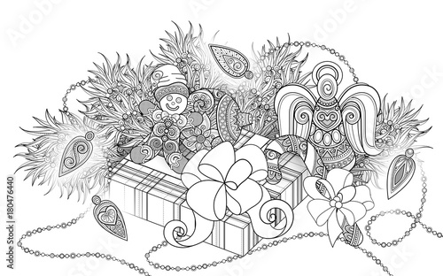 Monochrome New Year Illustration with Gifts and Christmas Tree. Candy Cane, Angel, Gingerbread Man, Glowing Garland. Holiday Background in Doodle Line Style. Coloring Book Page. Vector 3d Contour Art