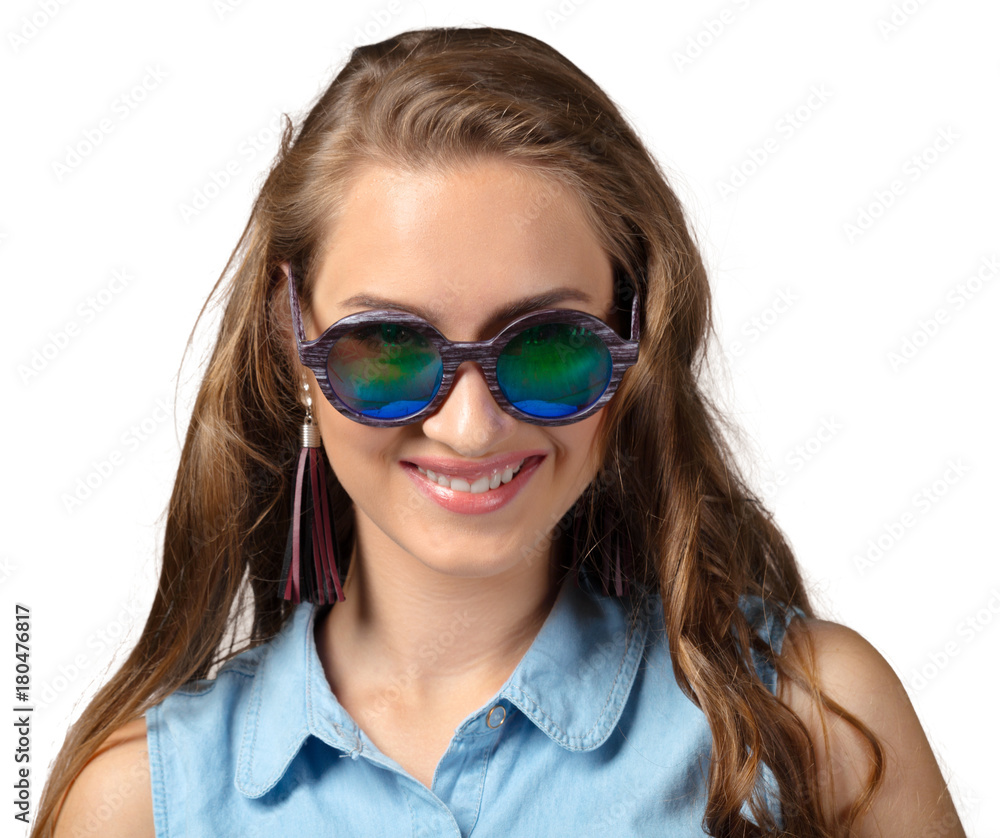 woman in summer sunglasses with long curly hair woman in summer sunglasses with long curly hair