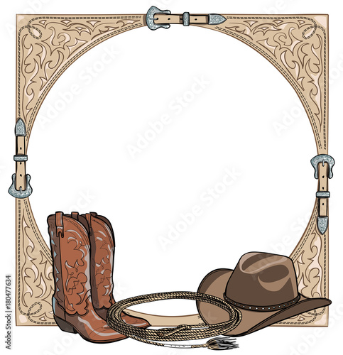 Cowboy western horse equine riding tack tool in the western leather belt frame. Boot, hat, lasso rope. Hand drawing cartoon vector background, template or copy space.