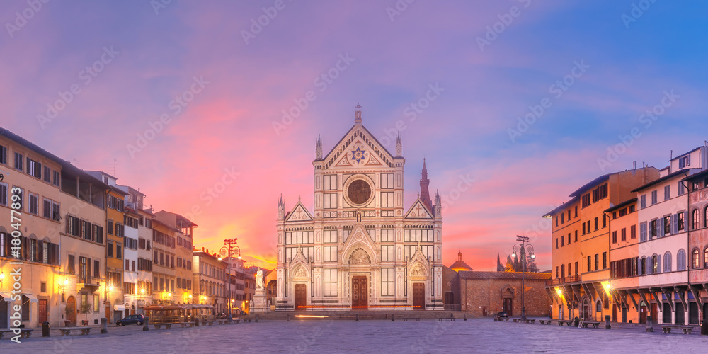 Panorama of Basilica di Santa Croce or Basilica of the Holy Cross at beautiful sunrise in Florence, Tuscany, Italy