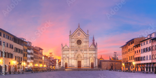 Panorama of Basilica di Santa Croce or Basilica of the Holy Cross at beautiful sunrise in Florence, Tuscany, Italy © Kavalenkava