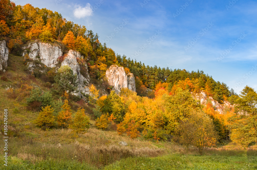 Autumn in Poland, cliffs in Dolina Kobylanska (Kobylanska Valley) near Krakow