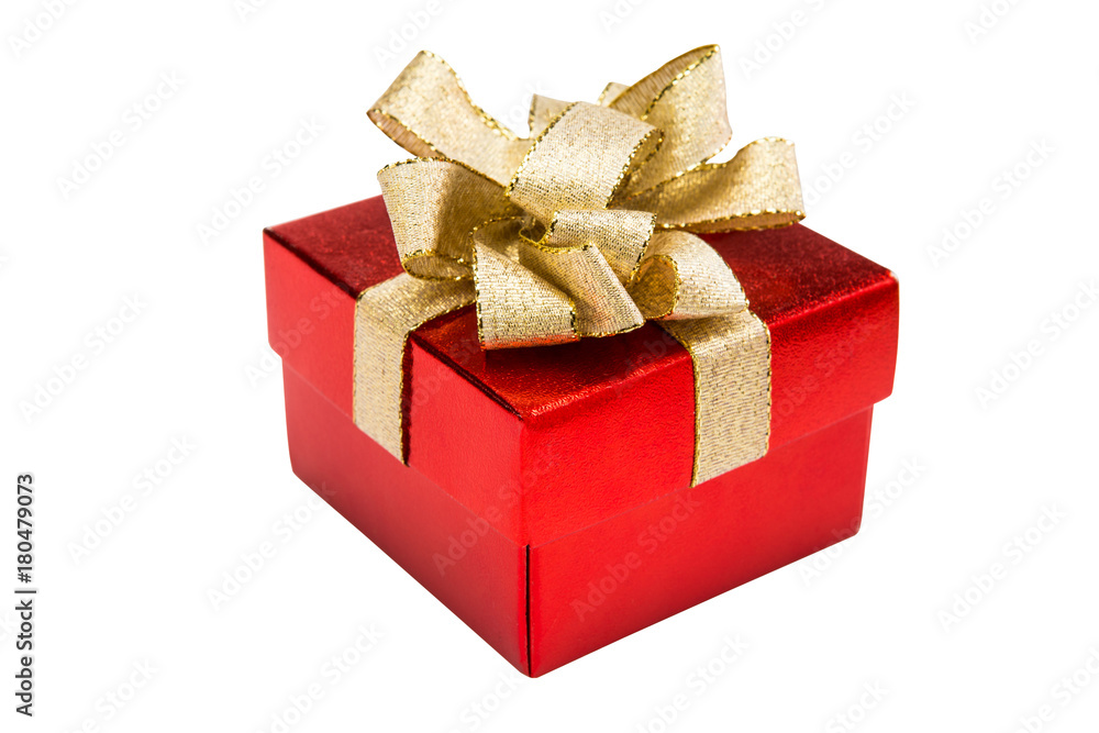 Obraz premium christmas red gift box with gold ribbon bow, isolated on white background with clipping path
