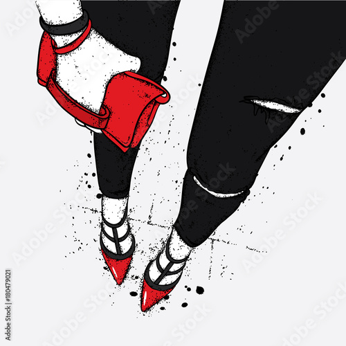 Slender female legs in tight trousers and stylish shoes. Selfy. Vector illustration for a postcard or a poster, print. Clothes and accessories. Fashion & Style.