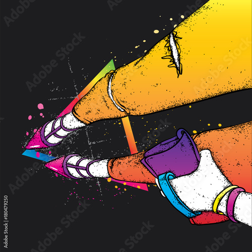 Slender female legs in tight trousers and stylish shoes. Selfy. Vector illustration for a postcard or a poster, print. Clothes and accessories. Fashion & Style.