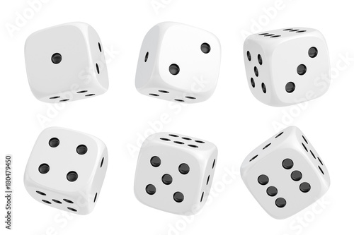 3d rendering of a set of six white dice with black dots hanging in half turn showing different numbers.