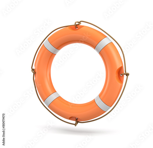 3d rendering of a single isolated orange life buoy hanging over a white background.