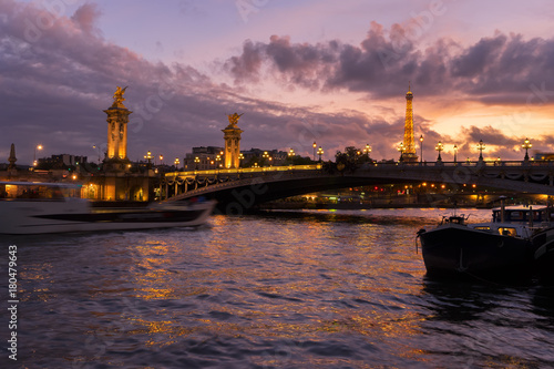 Alexandre III Bridge over Seine river at violet twilights  Paris  France