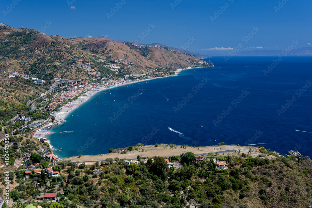 panorama of the coast of Ionian sea from greek theater in Taormina  in a summer day,sicily ,Italy