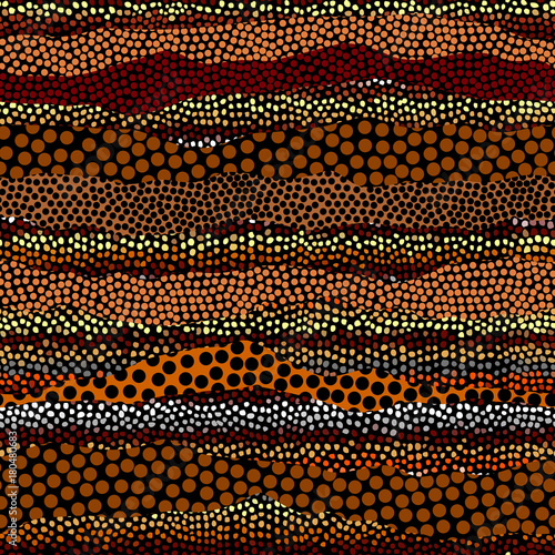 Irregular polka dots seamless pattern in african style on black background. Tribal art print.