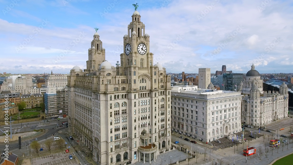 Aerial View Of Liverpool Town Hall Cityscape with Historic Iconic Royal Liver Building Clock Tower in England UK