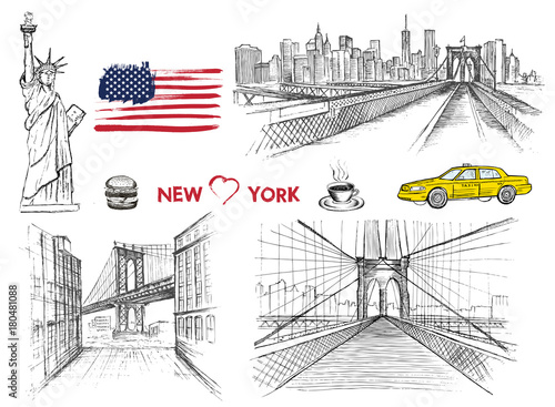 Set of New York. New York city doodles elements.  Doodle collection  isolated.