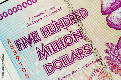 Five hundred million dollar (500,000,000 dollars) bank note from Bank of Zimbabwe, 2009, as a result of hyperinflation photo