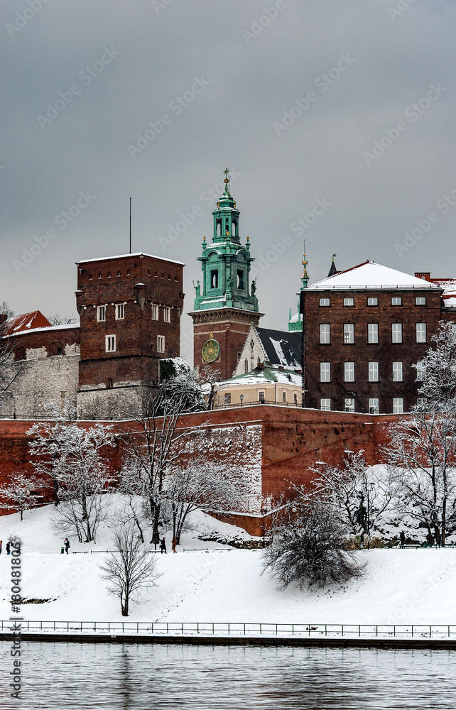 Historic royal Wawel Cathedral and castle in Cracow, Poland, on a cloudy day in winter