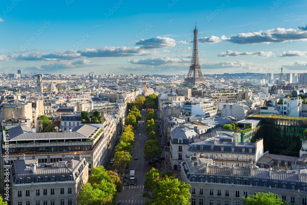 panoramic view of famous Eiffel Tower and Paris roofs, Paris France