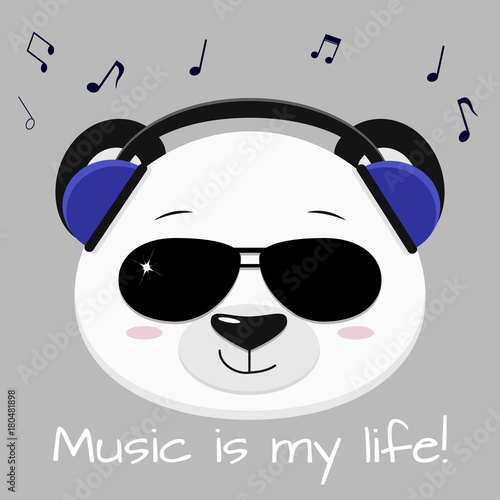 Panda head musician in blue headphones and black glasses, in the style of cartoons.