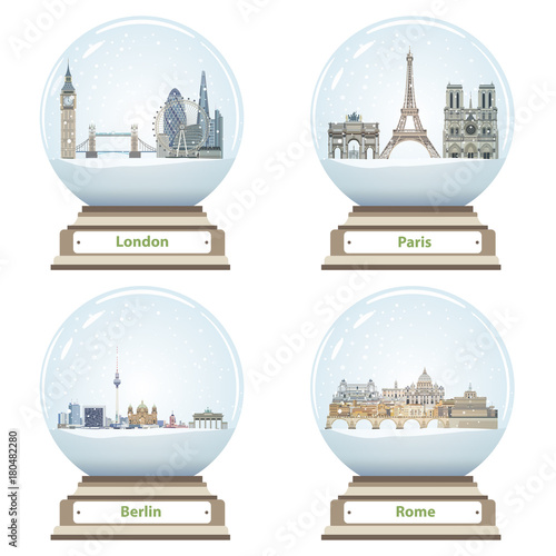 vector snow globes with London, Paris, Berlin and Rome landmarks inside