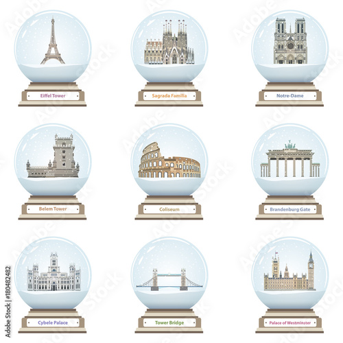 vector snow globes with european landmarks