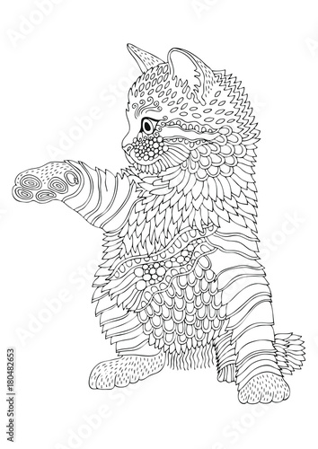 Hand drawn kitty. Sketch for anti-stress adult coloring book in zen-tangle style. Vector illustration  for coloring page.