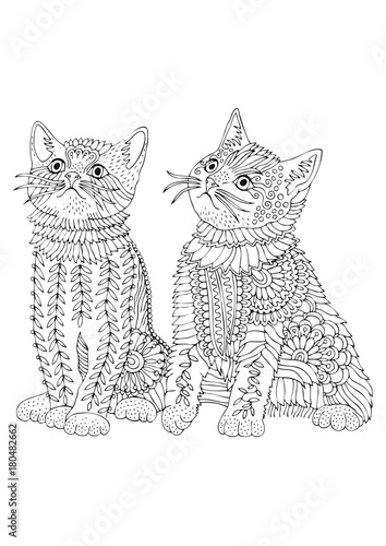 Hand drawn two kittens. Sketch for anti-stress adult coloring book in zen-tangle style. Vector illustration  for coloring page.