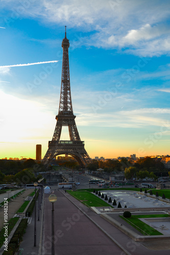 Eiffel Tower from Gardens of the Trocadero at sunrise, Paris France © neirfy