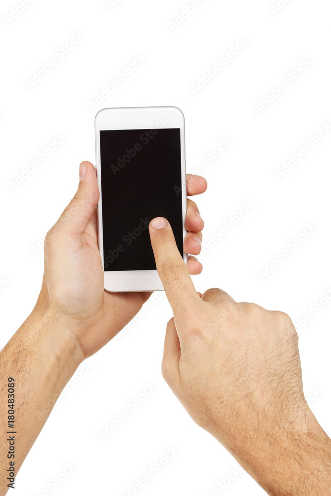 Male hands holding smartphone on white background Male hands holding smartphone on white background