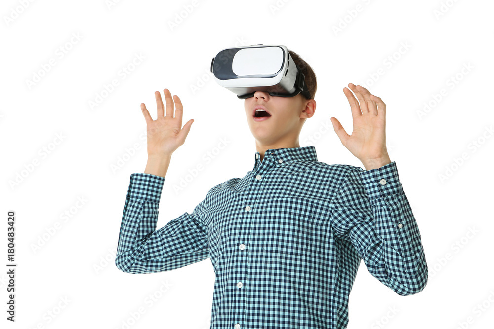 Young boy in virtual reality goggles on white background Young boy in virtual reality goggles on white background