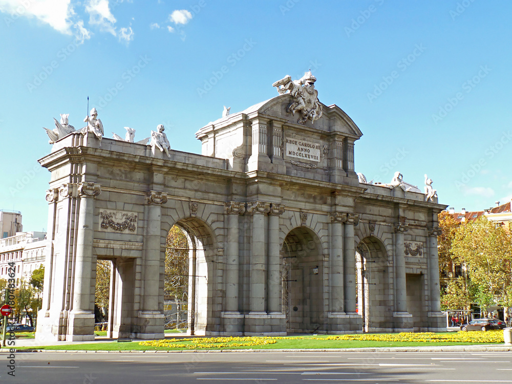 Puerta de Alcala, stunning triumphal arch in the city center of Madrid, Spain 