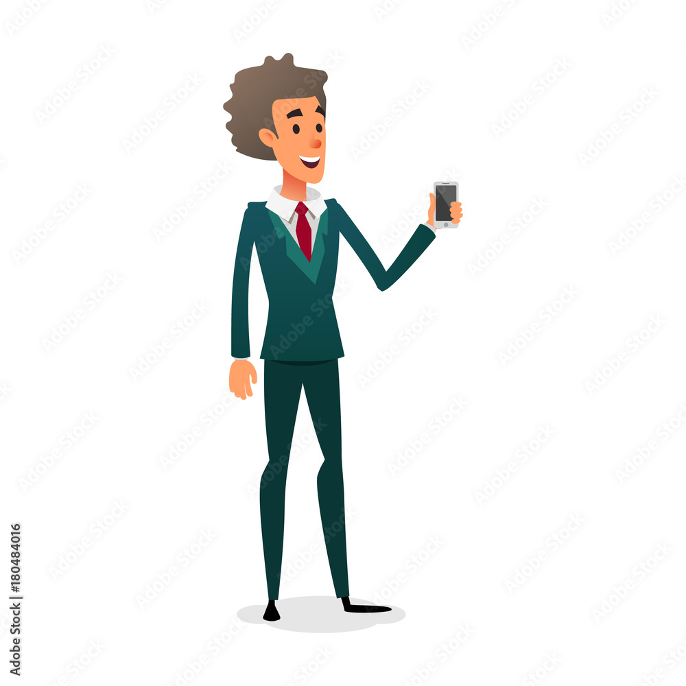 Sellers with Phone. Sales Consultant shows a gadget. Cartoon vector character. A young worker is selling a smartphone.