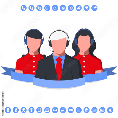 Business consultant of call center with headset. Operators of customer support service. Vector illustration.