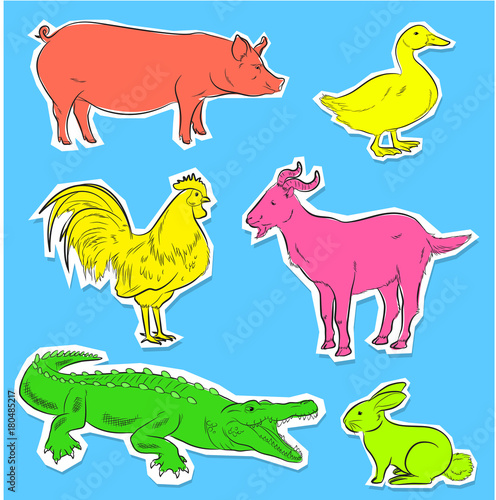 Fototapeta Naklejka Na Ścianę i Meble -  Wild and Farm Animals Stickers Vector