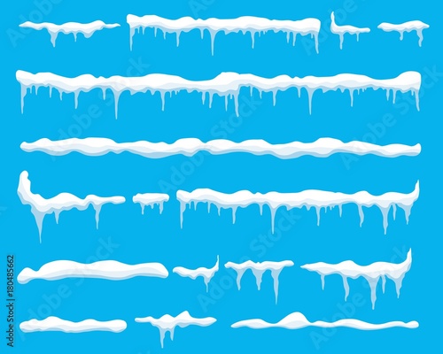 Creative vector illustration of ice icicle, caps, snowflakes set isolated on background. Winter snow clouds template art design. Snowy frame decoration. Graphic element. New year. Merry cristmas