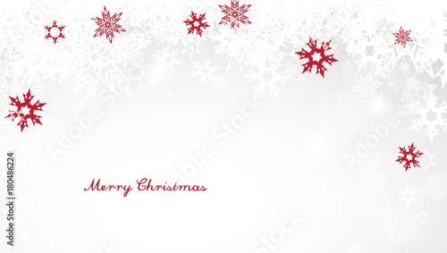 Christmas light background with white and red snowflakes and red Merry Christmas text - light version