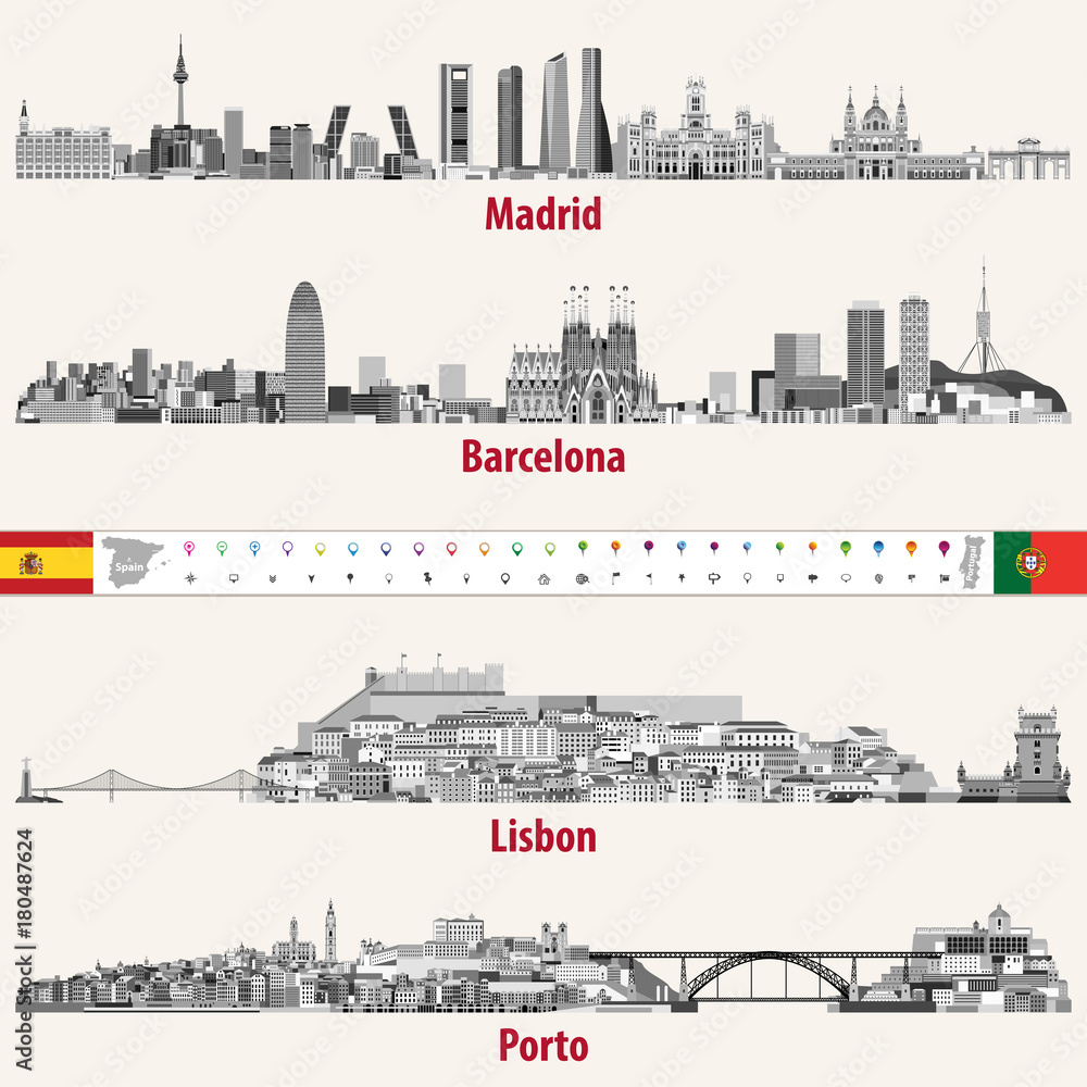 Madrid, Barcelona, Lisbon and Porto cities skylines vector illustrations in grey scales color palette 