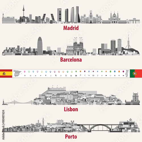 Madrid, Barcelona, Lisbon and Porto cities skylines vector illustrations in grey scales color palette  photo