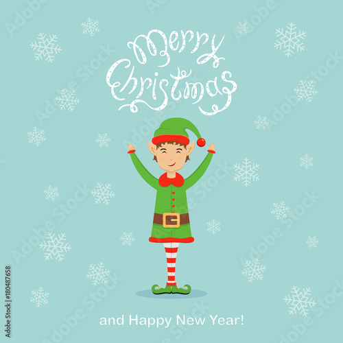 Blue Christmas background with happy elf and snowflakes