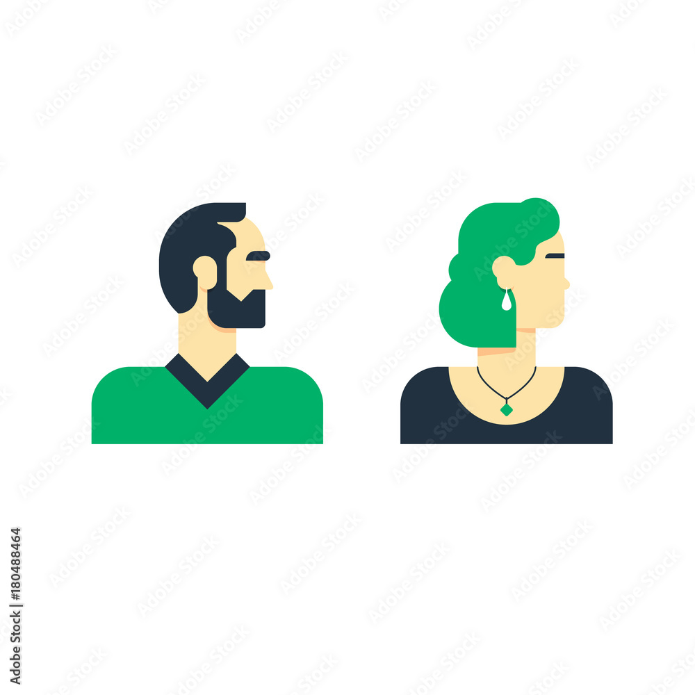 Man, woman side view, half face head, clerk service, techer, office staff Man, woman side view, half face head, clerk service, techer, office staff