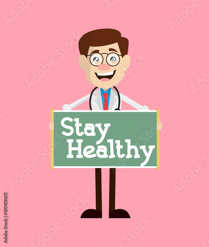Happy Doctor Showing Stay Healthy Banner Vector
