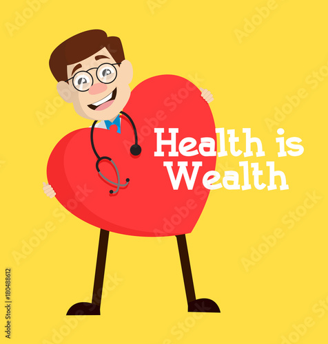 Health is Wealth - Cartoon Doctor with Heart Vector