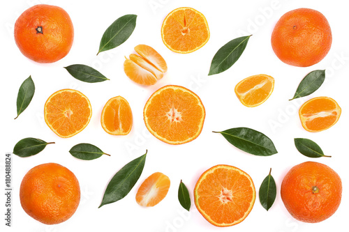 orange or tangerine with mint leaves isolated on white background. Flat lay, top view. Fruit composition