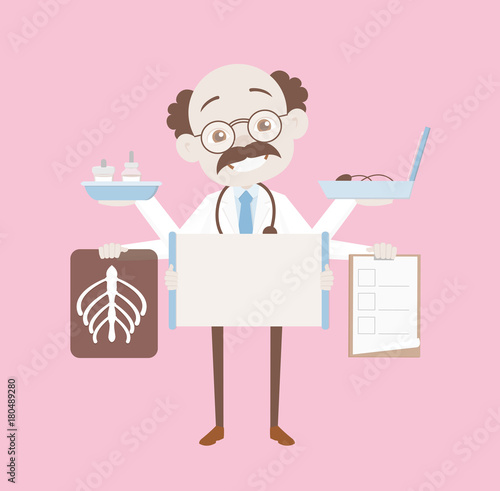 Funny Smiling Orthopedic Surgeon with Medical Objects Vector